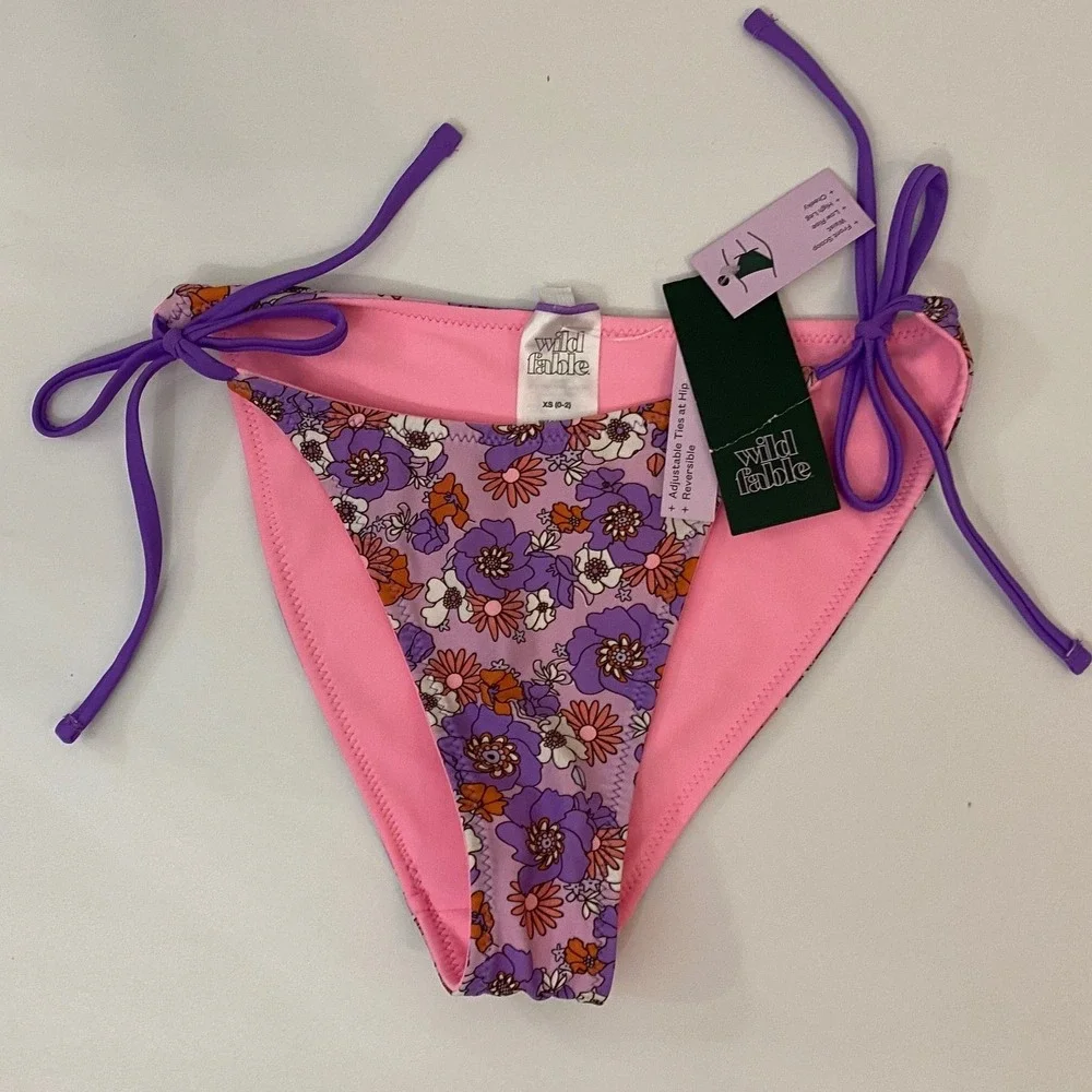Wild Fable Reversible Floral Bikini Set XS Purple Pink Triangle Top Tie Bottoms